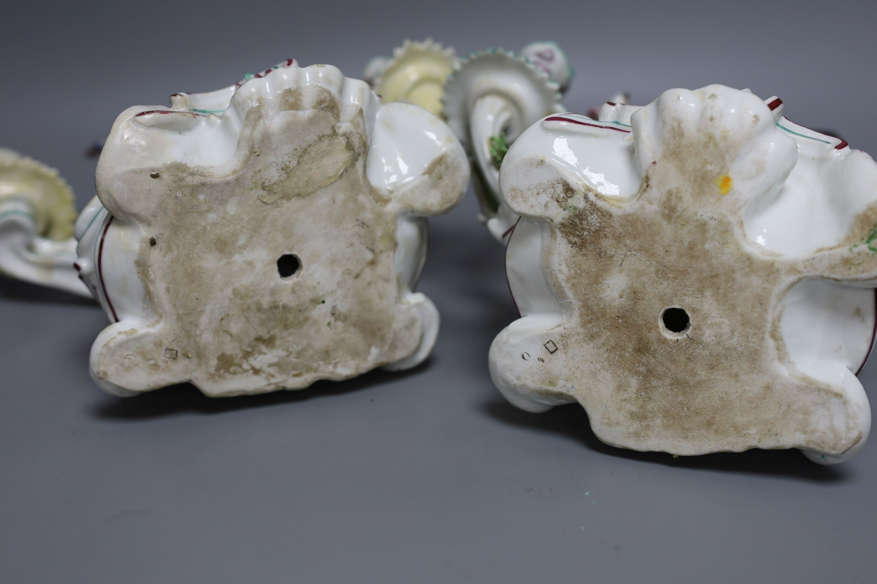 A pair of Chelsea Derby twin sconce candelabra figures, c.1770 - 28cm tall